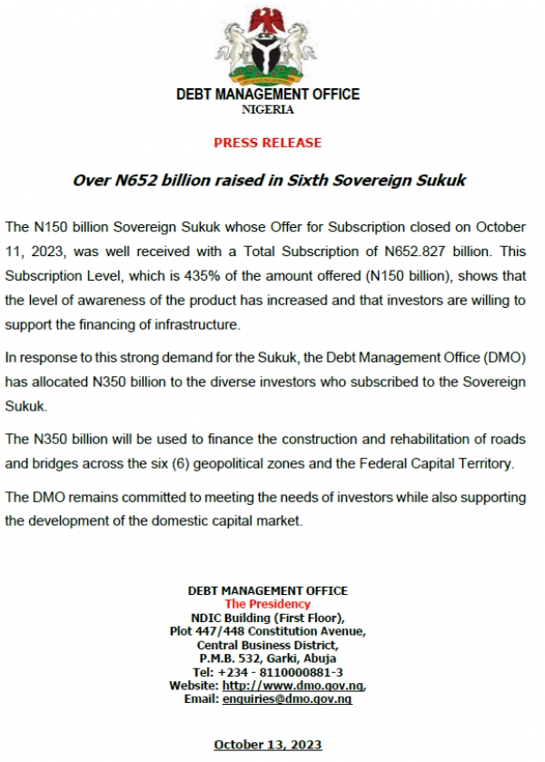 Press Release: Over N652 billion raised in Sixth Sovereign Sukuk