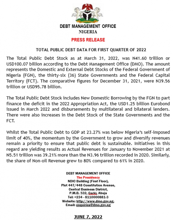 Press Release: Total Public Debt Data for First Quarter, 2022