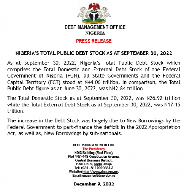 Press Release: Nigeria&#039;s Total Public Debt Stock as at September 30, 2022