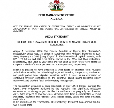 Media Statement: NIGERIA PRICES US$2.35 BILLION IN A LONG 10-YEAR AND LONG 20-YEAR EUROBONDS