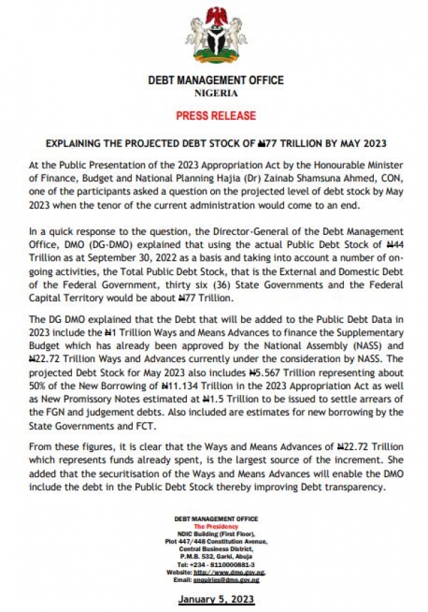 Press Release: Explaining The Projected Debt Stock of N77 Trillion By May 2023