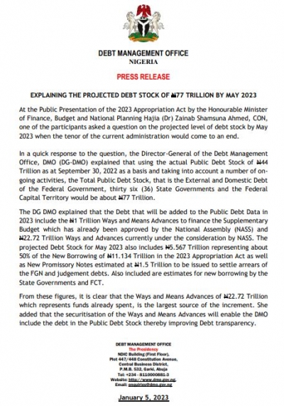 Press Release: Explaining The Projected Debt Stock of N77 Trillion By May 2023